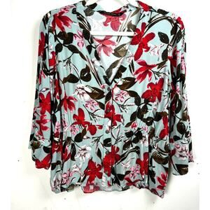 Zara Women's Blue Red Colorful Floral Button Up Peplum 3/4 Sleeve Blouse Small